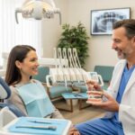 Dental consultation on implants with a smiling patient and dentist in a modern clinic