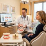 Dental consultation on tooth replacement options including implants, dentures, and bridges