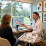 Dental consultation scene focusing on dental implants, highlighting patient care and professional guidance