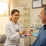Dental consultation scene highlighting patient and dentist discussing dental implants in a welcoming clinic