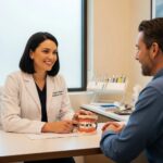 Dental consultation scene showcasing a dentist discussing dental implants with a patient, emphasizing trust and professionalism
