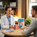 Dental consultation scene showcasing a dentist explaining dental implant options to a patient in a cozy office