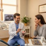 Dental consultation scene showcasing a dentist explaining dental implants to a patient in a welcoming clinic environment