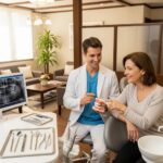 Dental consultation scene with a dentist explaining implant and bridge options to a patient