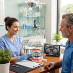 Dental consultation scene with a dentist explaining tooth replacement options to a patient