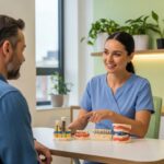 Dental consultation with models of implants, bridges, and dentures in a modern office