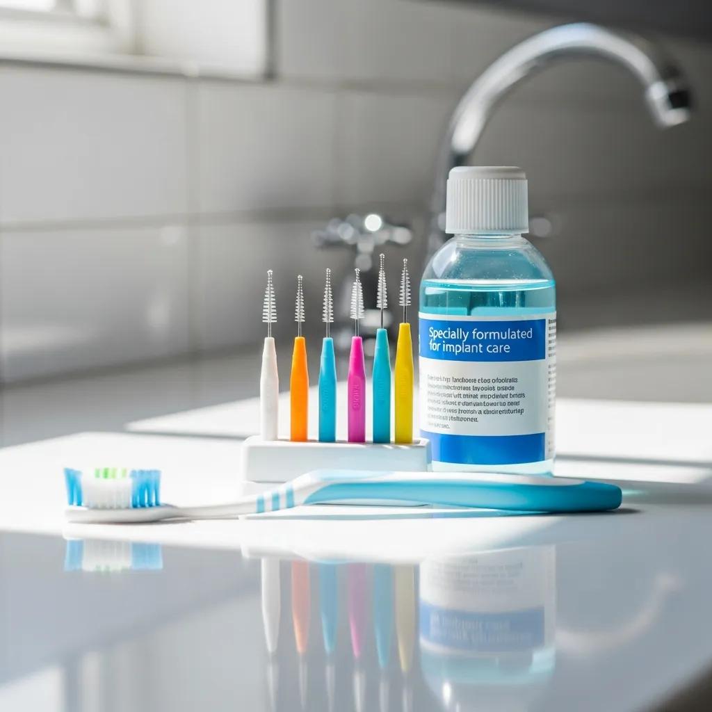 Dental hygiene supplies laid out for implant care on a bathroom counter