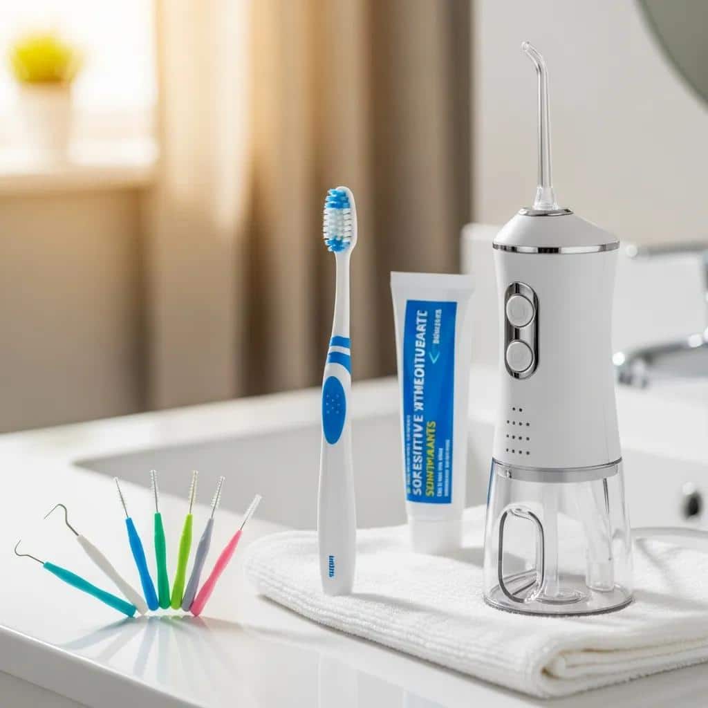 Dental hygiene tools for cleaning and maintaining dental implants on a bathroom counter