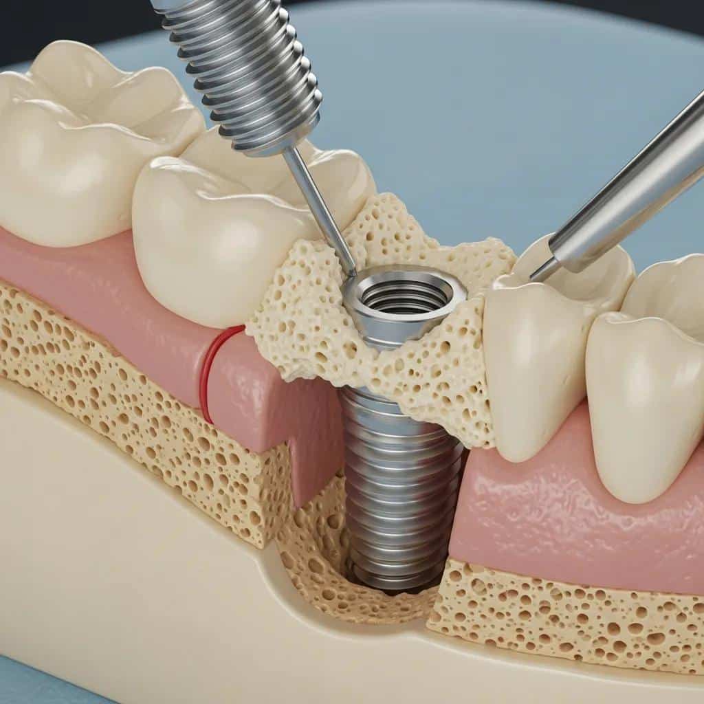 Model of a jawbone showing a dental implant and the osseointegration process