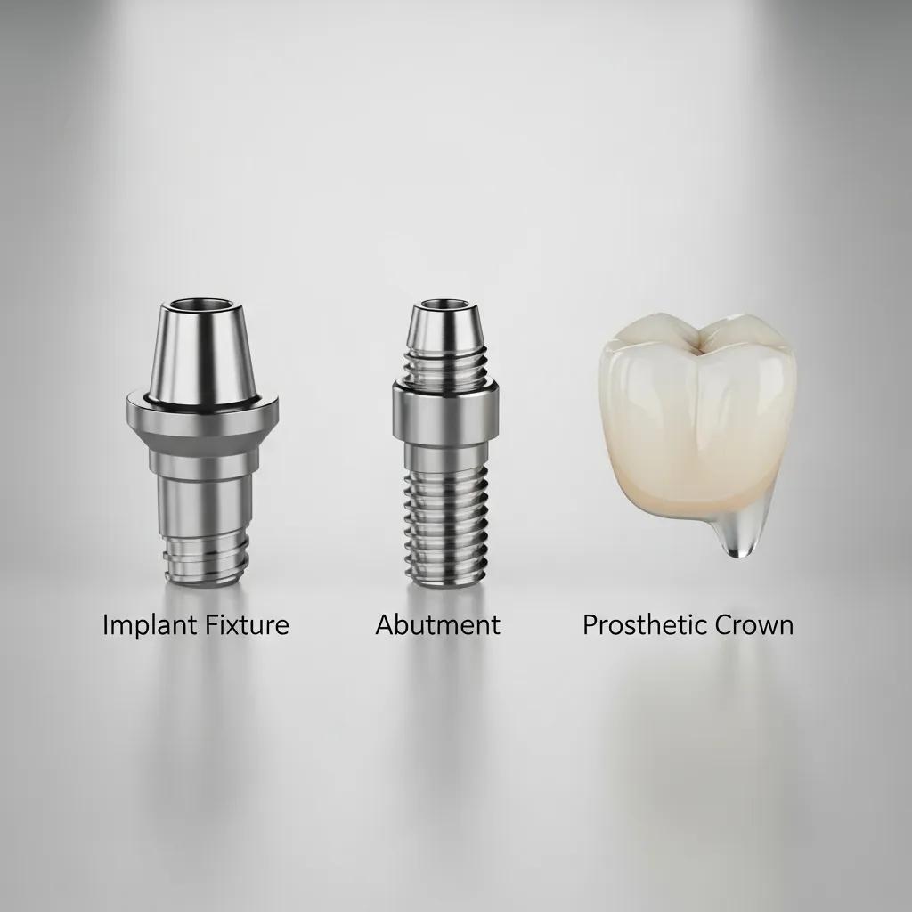 Close-up of implant components—fixture, abutment, and crown—arranged professionally to show quality and design