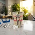 Dental implant model on a dental office countertop, highlighting the structure and gum tissue