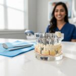 Dental implant model on a dental office countertop, highlighting the structure and patient-centered care