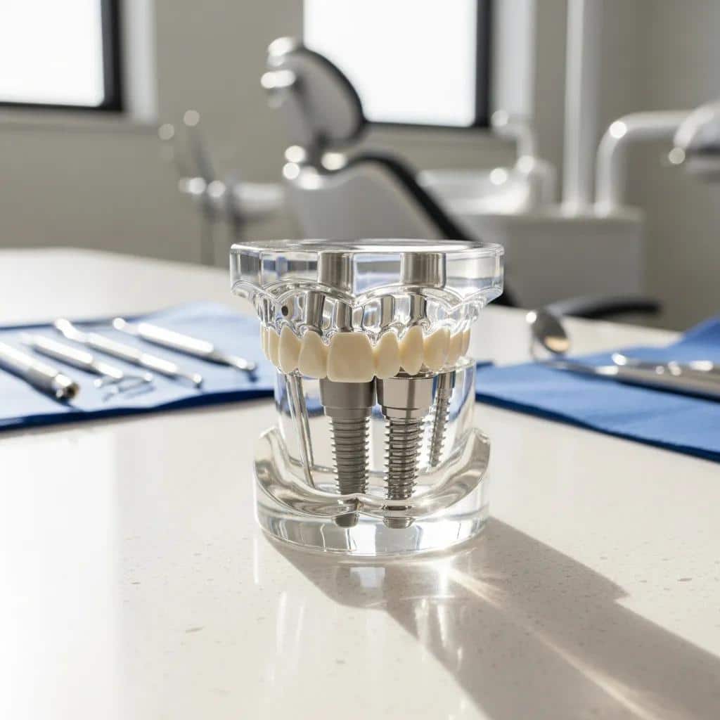 Dentist speaking with a patient about factors that affect dental implant success in a modern office