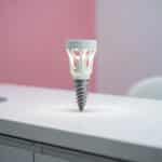 Dental implant model on a dental office countertop, showcasing its structure and design