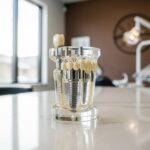 Dental implant model on a dental office countertop, showcasing the structure and components of dental implants