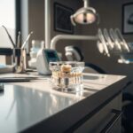 Dental implant model on a dental office countertop, showcasing titanium post and crown