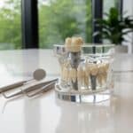 Dental implant model showcasing components in a modern dental office setting