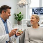 Dental implant procedure in a modern clinic with a dentist and patient discussing the process