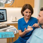 Dental implant procedure with dentist and patient in a clinical setting