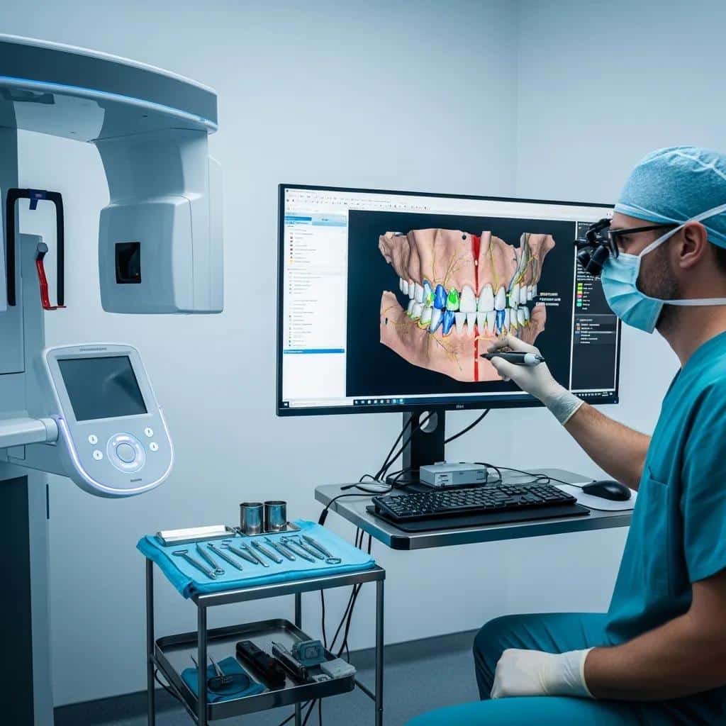 Dentist using 3D imaging software to plan an implant placement