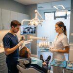 Dental implant surgery preparation in a calm clinic environment with a patient and dental team