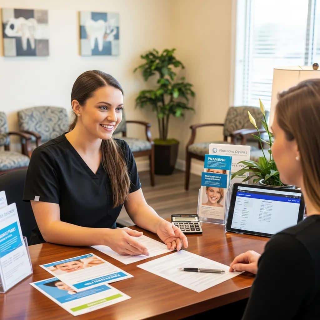 Dental office staff explaining financing options to a patient in a supportive environment