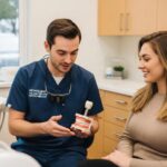 Dental professional consulting with a patient about dental implant healing timelines