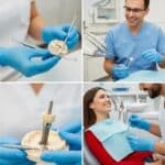 Dental professional demonstrating dental implant care techniques in a bright dental office