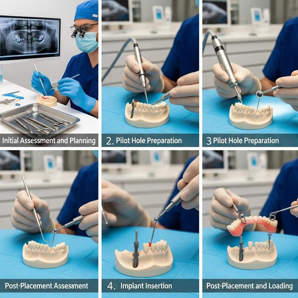 Dental clinician showing mini dental implant placement on a jaw model