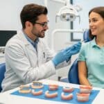 Dental professional discussing dental implants, bridges, and dentures with a patient in a modern clinic