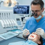 Dental professional examining a dental implant in a clinical setting