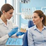 Dental professional examining a dental implant model with a patient in a modern clinic