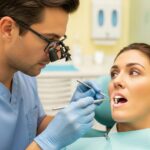 Dental professional examining a dental implant with a patient in a clinical setting