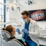 Dental professional examining a patient in a modern clinic, highlighting the importance of dental restorations