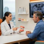 Dental professional explaining dental implants and bridges to a patient in a modern dental office