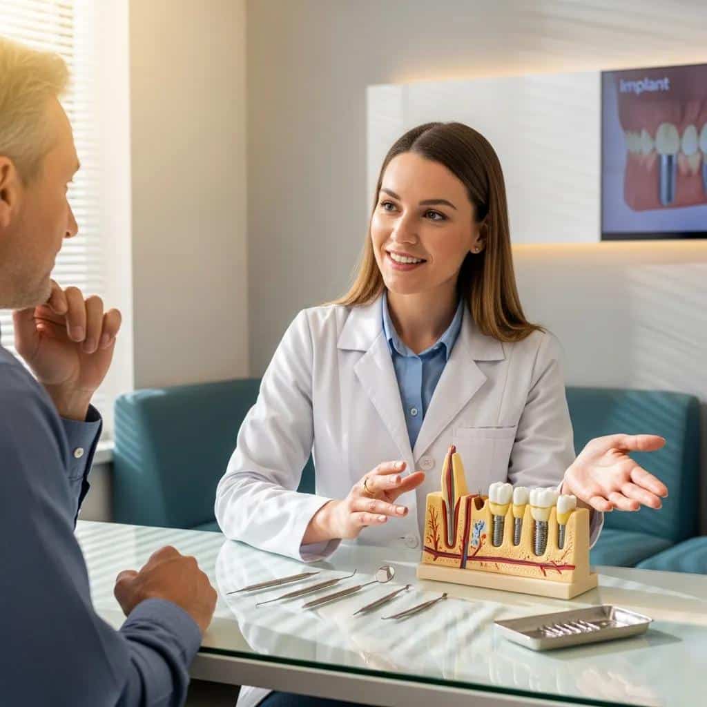Dental professional explaining implant procedure stages to a patient