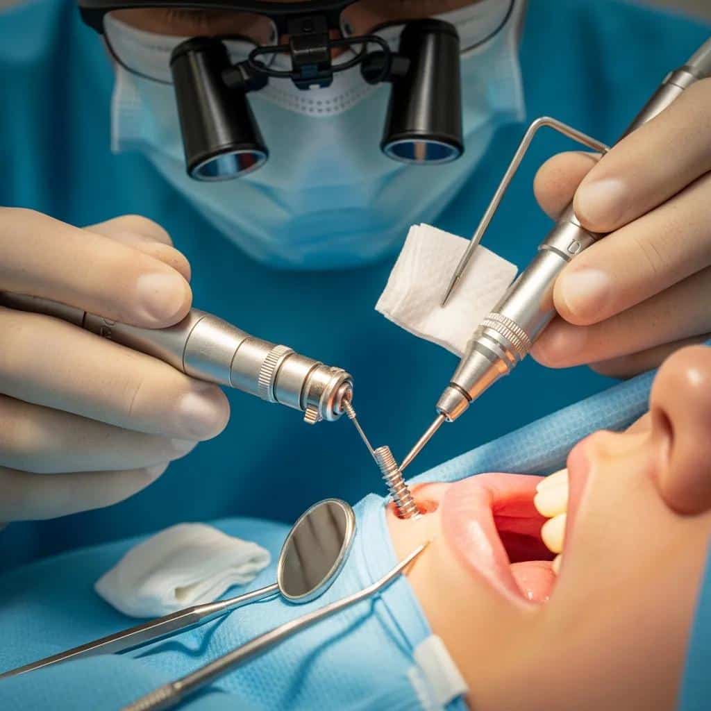 Dental professional performing a mini dental implant procedure