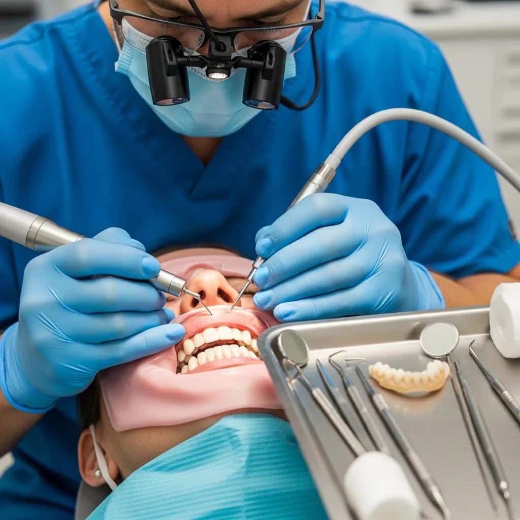 Dental provider preparing abutment teeth for a bridge in a clinical setting