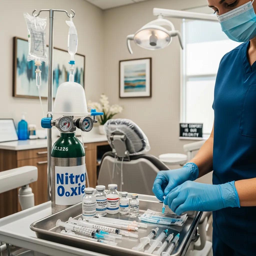Dental professional preparing sedation tools for patient comfort during dental implant surgery