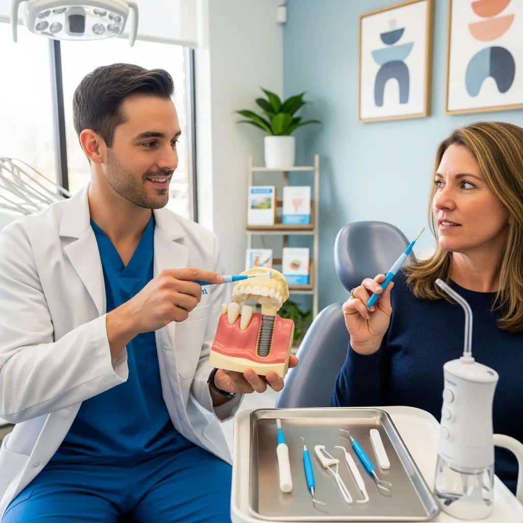 Dental hygienist showing implant care techniques to a patient
