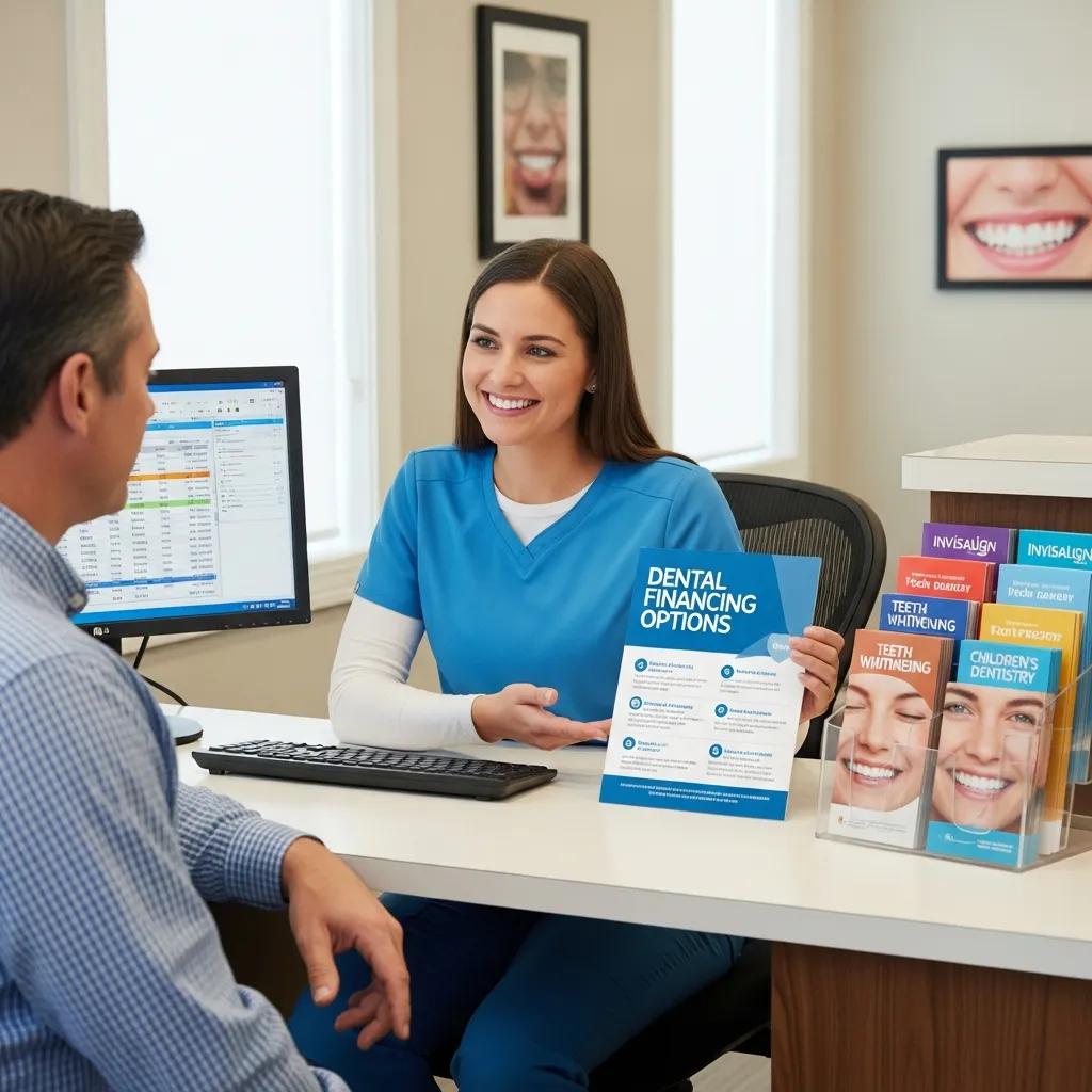 Dental staff explaining financing options to a patient in a friendly office setting