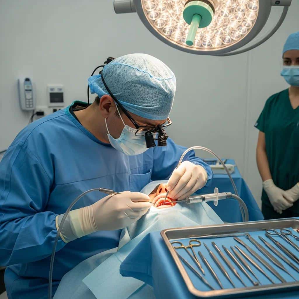Surgeon performing a dental bone graft procedure
