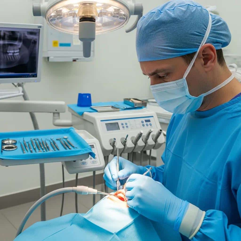 Dental surgeon performing an implant surgery in a modern clinic