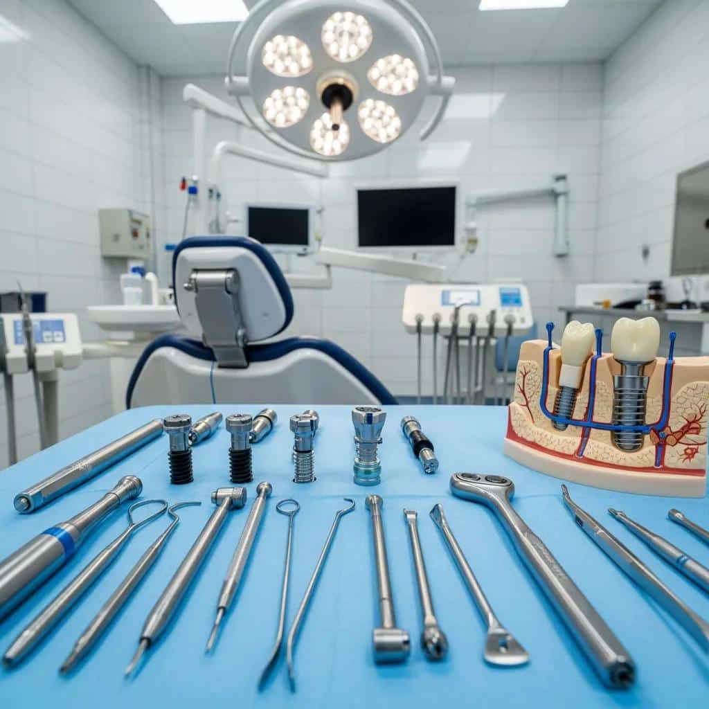 Dental surgery setup with tools and a model of a dental implant in a professional clinic