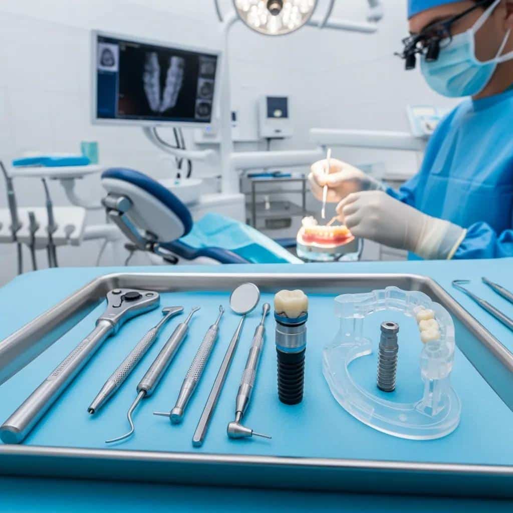 Surgical instruments and an implant in a treatment room underscoring precision in placement