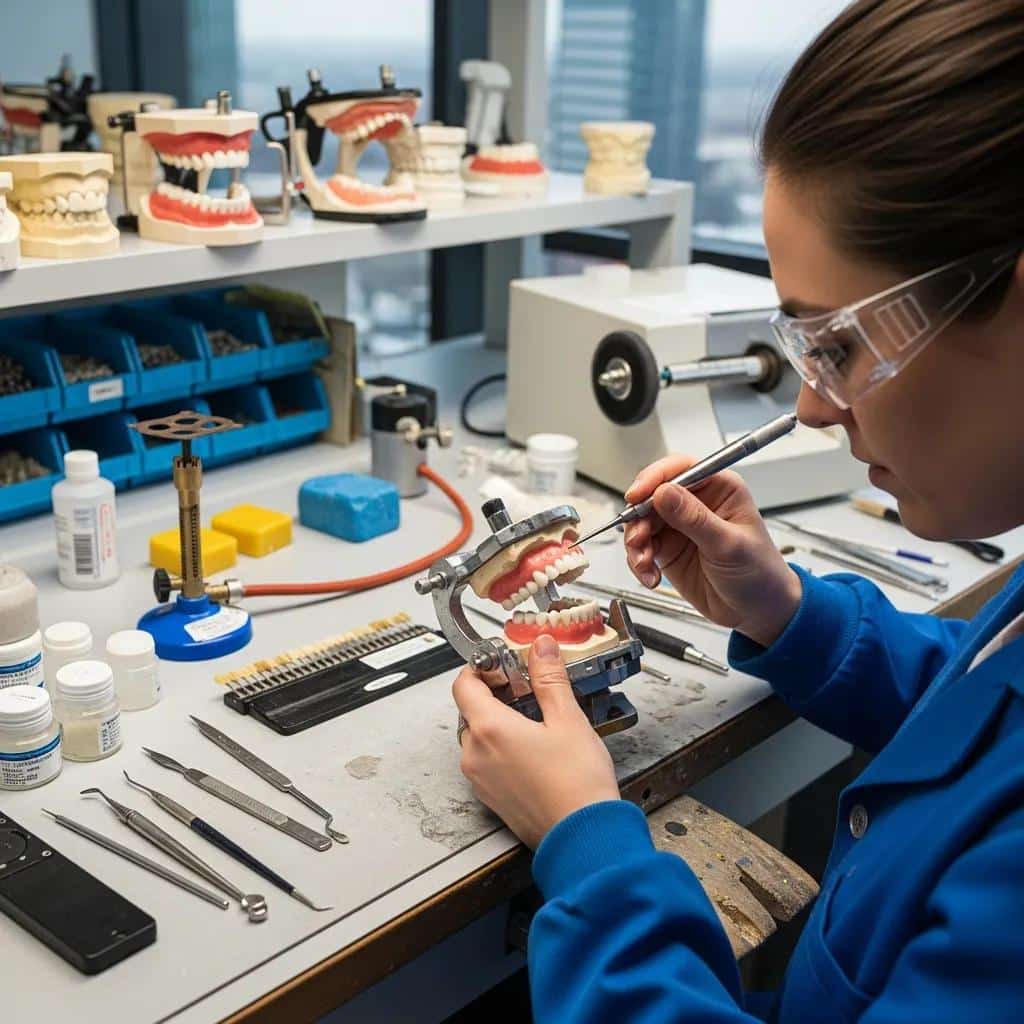 Dental technician adjusting traditional dentures in a dental lab setting