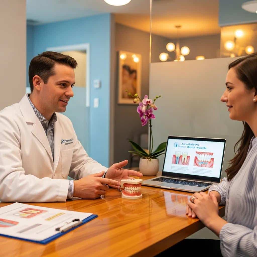 Dentist consulting with a patient about affordable dental implant options