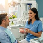 Dentist discussing dental restoration options with a patient in a modern dental office