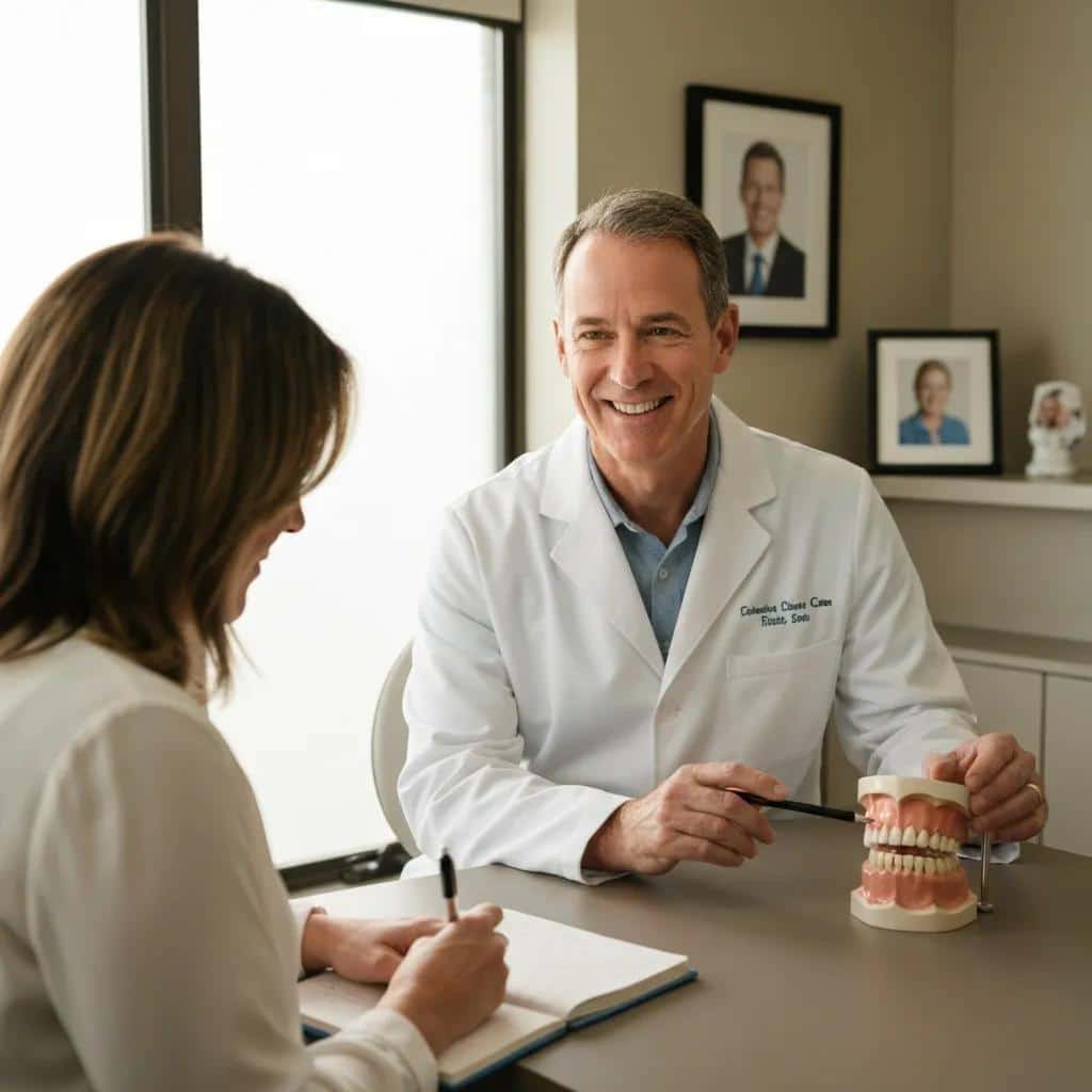 Dentist explaining dental implant care to a patient in a consultation room, emphasizing the importance of factors influencing implant lifespan