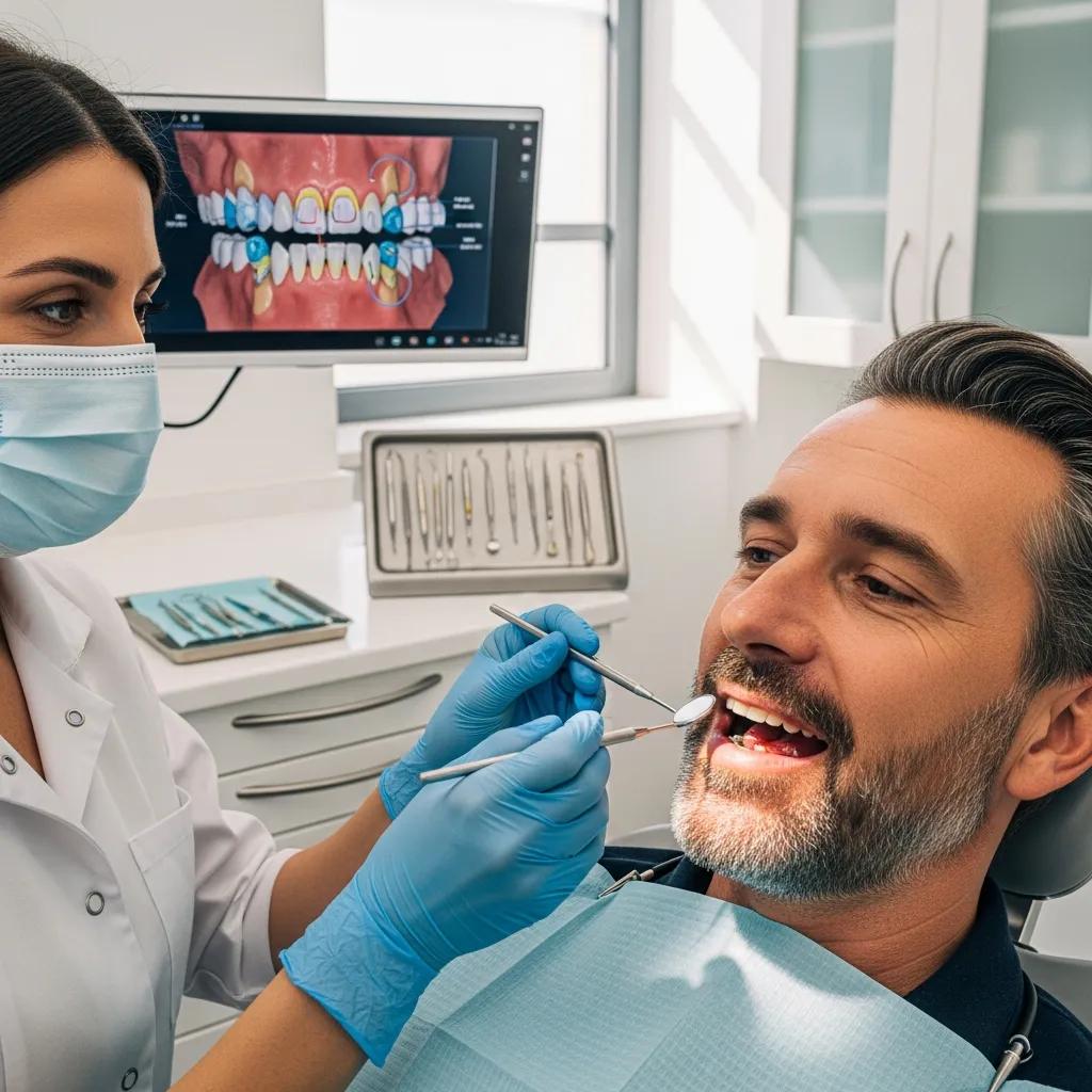 Dentist performing a professional maintenance check on a patient's dental implants and bridges